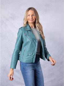 Veste universitaire asymétrique en peau de mouton véritable bleu sarcelle pour femme, fermeture éclair, doublure en coton doux, respirant et écologique, mode hiver - Product Image 4