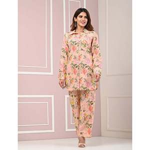 Conjunto de Verano para Mujer, de Algodón, Color Durazno y Azul, Estampado, Talla XS (XXS)-XS (XXS), Top con Botones Decorativos y Pantalones Cortos de 2 Piezas - Product Image 1