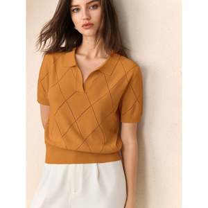 Women's Knitted <b>Argyle</b> Short Sleeve for Polo <b>Sweater</b>-Casual Logo Print Top - Product Image 5