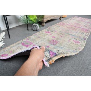 Alfombra turca Vintage de 2,8 pies x 11,2 pies, diseño clásico de rompecabezas rectangular de área grande, látex de lana rosa y Beige para pasillo para habitaciones - Product Image 3