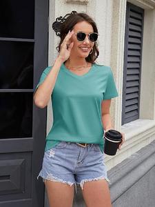 Diseño OEM personalizado 100% algodón sólido verde gris Color manga corta cuello en V de talla grande camiseta promocional de mujer de Bangladesh - Product Image 5