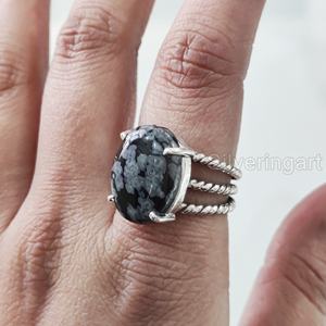 Bague pour femme en obsidienne flocon de neige naturelle, 3 bandes torsadées, bijou de déclaration pour Noël et mariage, en argent sterling 925 - Product Image 2