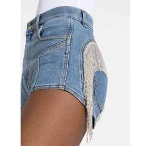 Wholesale Embellished <b>Crystal</b> Fringing Back Fashion Shorts Jeans Pants Sexy Blue Color Breathable Women Denim Jean Cutoff Shorts - Product Image 2