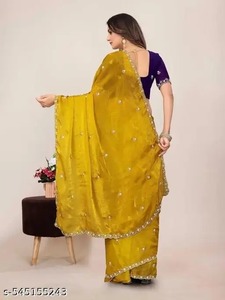 ชุดเซ็ตเทรนด์ส่าหรีสำหรับเจ้าสาวชุดปาร์ตี้ส่าหรีสีเหลืองสุดพิเศษแบบอินเดีย - Product Image 2