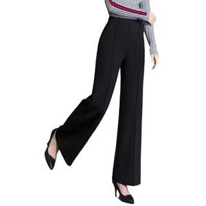 Pantalon en crêpe importé pour femme, taille haute, côtelé devant, ourlet large, 31137 - Noir - Product Image 5