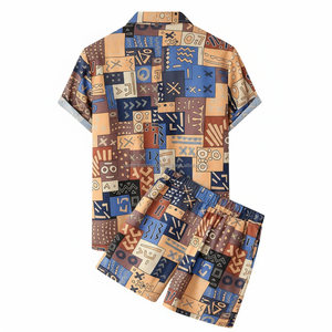 Ensemble de shorts imprimés pour hommes sur mesure - Motif ethnique tribal géométrique, tenue décontractée d'été en 2 pièces - Product Image 2