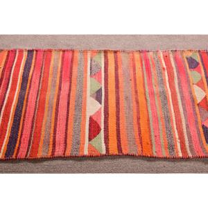 Turkish Vintage <b>Wool</b> Rug 2.7x9.1 ft (82x278 Cm) Patchwork Eco-Friendly Latex Backing Moroccan Rug in <b>Red</b> & Purple - Product Image 4