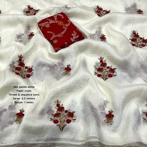 ชุดส่าหรีผ้าไหมบานาราซีเนื้อนุ่มสำหรับผู้หญิง ปักลายด้วยด้ายสวยงาม ประดับด้วยลูกปัดและลูกไม้ตัดกัน พร้อมเสื้อทอผ้าไหมซารี - Product Image 1