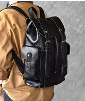 Sac à dos pour ordinateur portable en cuir pleine fleur véritable noir unisexe avec fermeture éclair, idéal pour l'école, l'université, les voyages, le camping, design vintage géométrique en polyester