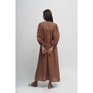 Vestido Étnico Casual de Verano para Mujer, Color Marrón Sólido, Bordado, Largo hasta el Suelo, Ecológico, Cintura Natural, Corte Holgado - Product Image 4