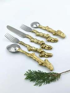 Juego de cucharas de cubiertos de latón Premium de calidad de lujo a un precio razonable con mango de acero inoxidable, tenedor de cuchillo de Color dorado - Product Image 4