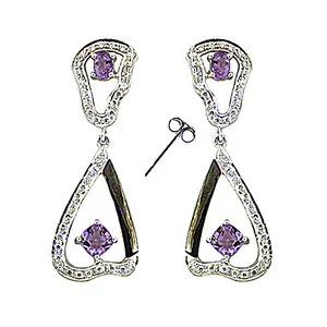 Boucles d'oreilles créoles en argent et améthyste pour femmes, tendance vintage, bijoux en cuivre avec pierres précieuses religieuses pour les fêtes - Product Image 1