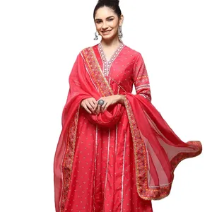 디자이너 멋진 인도 복장 세련된 핑크 색 순면 여성의 긴 Anarkali Kurta와 궁전과 쉬폰 dupatta 세트 OEM