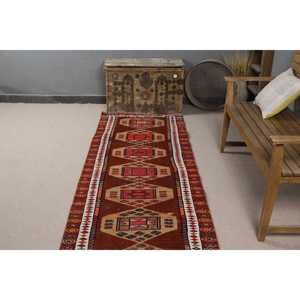 Turkish Herki Runner Rug 2.8x11.2 ft (86x342 Cm) Eco Friendly Vintage <b>Brown</b> Patchwork <b>Wool</b> Rug with Latex Backing - Product Image 4
