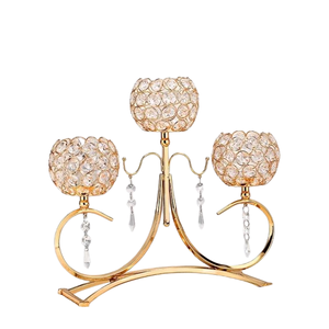 Crystal <b>Bowl</b> Shaped Pit Golden <b>Metal</b> Candle Holder With 3 Arm on Top for With the Sizes of 8.5 Inches Customized Logos Accepted - Product Image 1