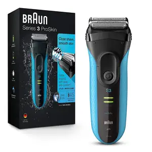 Navalha Braun elétrica série 3 com aparador, recarregável, barbeador de folha úmida e seca para homens, azul/preto, 4 peças