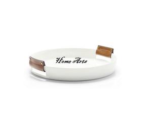 Bandeja para servir comida de color blanco de hierro con mango de cuero Diseño de tendencia Bandeja para servir comida de forma redonda a la venta - Product Image 1