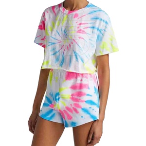 Top corto con estampado teñido anudado de algodón 100% personalizado para mujer, Camiseta con cuello redondo y Media manga, ropa informal holgada Regular, venta al por mayor XL - Product Image 1