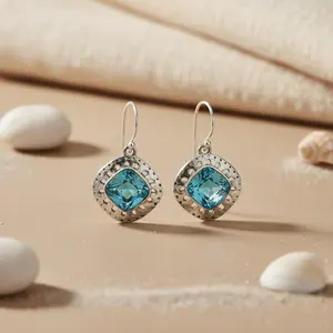 Boucles d'oreilles créoles vintage tendance pour femmes en argent 925 avec topaze bleue, diamant plaqué or rose, bijoux en pierres précieuses, motif de fleur dorée - Product Image 1