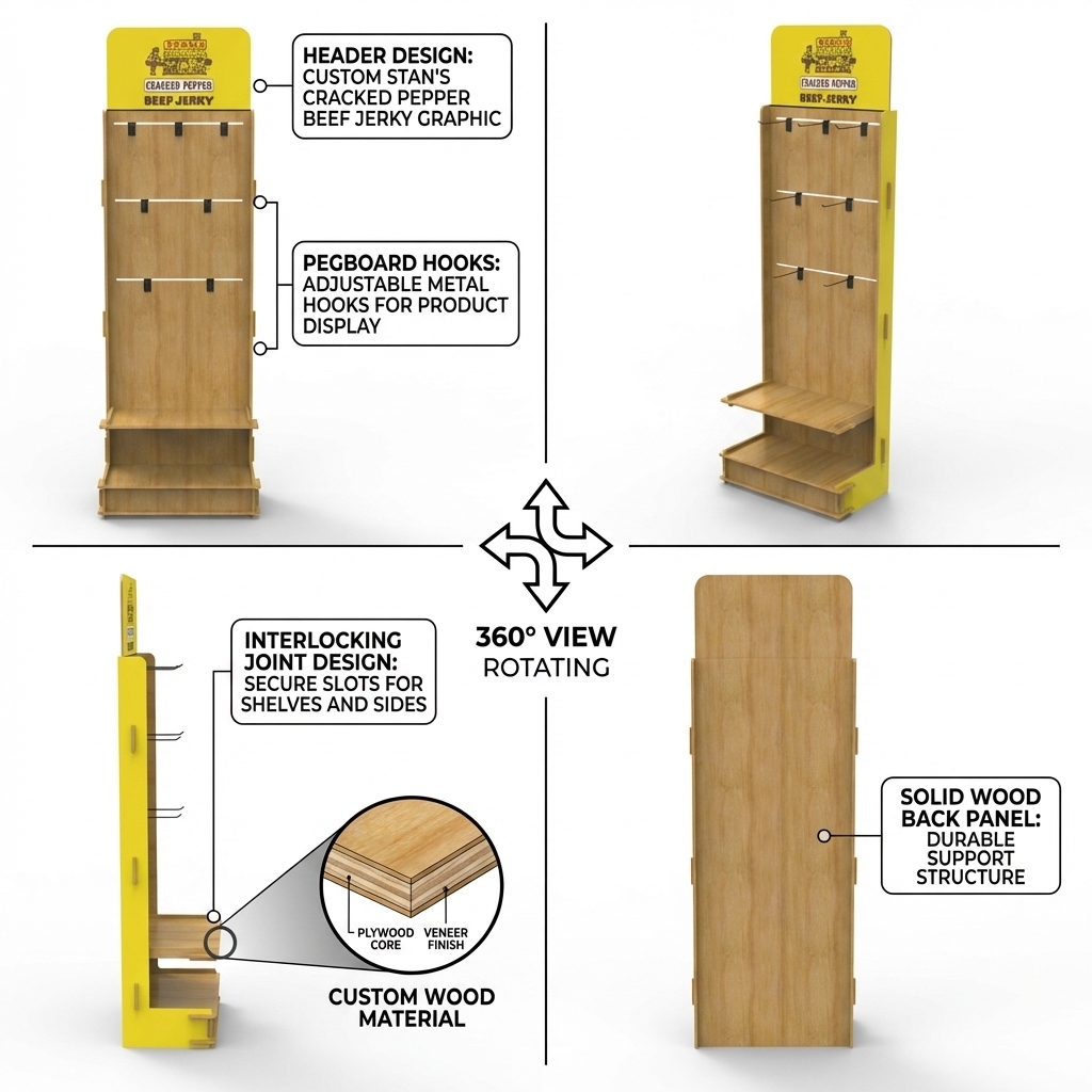 Custom Wooden Beef Jerky Display Rack | Floor Standing Snack Food Display Stand with Hooks & Shelves | Retail Store Display Rack — view 3