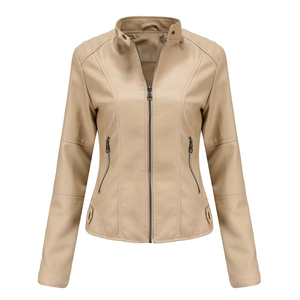 Veste en cuir véritable pour femmes, satinée, coupe-vent, imperméable, fermeture éclair, manches lanternes, col amovible, nouveau design, style en gros - Product Image 1