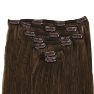 Extensiones de cabello humano K.SWIGS serie de color oscuro, de lujo, premium, con cutícula virgen, 7 piezas, 16 clips, de 12 a 28 pulgadas, lisas, con clip. - Product Image 1