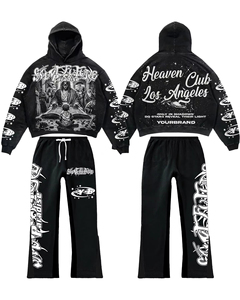 100% algodón logotipo personalizado serigrafiado conjuntos de dos piezas para hombre Hip Hop Crop Top pantalones de chándal ropa de calle de invierno chándal pantalones acampanados - Product Image 5