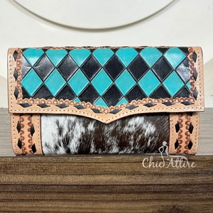 Portefeuille multi-cartes en cuir à carreaux usiné à la main de grande capacité pour femmes Style occidental embrayages de téléphone et d'argent en peau de vache à la mode - Product Image 1