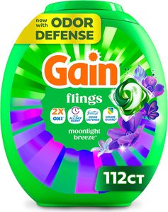 Lessives en dosettes Gain Flings Odor Defense + Color Guard, parfum Brise de Lune, 3 en 1 HE avec Oxi Boost - Product Image 1