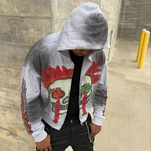 Sweat à capuche en coton à fermeture éclair avec strass imprimés numériques en gros, sweat à capuche surdimensionné personnalisé pour homme, vintage, noir, délavé à l'acide, déchiré - Product Image 1