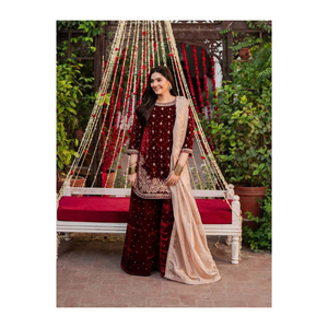 Magnifique costume de palazzo en velours de viscose lourd avec séquence de fil et travail de perles, tenue parfaite pour les fêtes. - Product Image 1