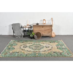 Alfombra Turca Vintage de Lana 4x8 pies, Diseño Patchwork Beige y Verde, Ecológica, Pelo Medio, Tejido Plano, Base de Látex para Comedor - Product Image 1