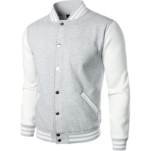 Chaqueta Varsity Clásica para Hombre en Gris Jaspeado y Blanco, Estilo Bomber con Ribete Acanalado a Rayas - Product Image 2