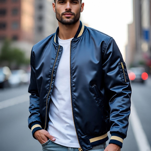 Chaquetas de bombardero de cuello redondo para hombre, venta al por mayor, chaqueta de bombardero de satén Varsity ligera para hombre, abrigo de bombardero con cremallera para exteriores para hombre - Product Image 2