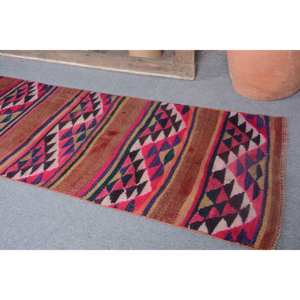 พรมตุรกีโบราณ2.4x11.8ft แดงแบบดั้งเดิมพื้นที่ขนาดใหญ่แผ่นรองยางขนสัตว์ความหนา10มม. ลายเย็บปะติดปะต่อกันสำหรับห้องโถงห้อง - Product Image 2