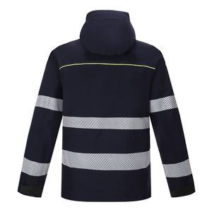 Chaqueta de seguridad de alta visibilidad negra con rayas reflectantes y detalles en amarillo neón ropa de trabajo impermeable con capucha para exteriores - Product Image 2