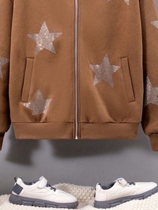 Sweat à capuche étoile marron avec strass 100% coton 400GSM sweat-shirt zippé conception de logo personnalisé polaire lourde Streetwear veste décontractée - Product Image 3