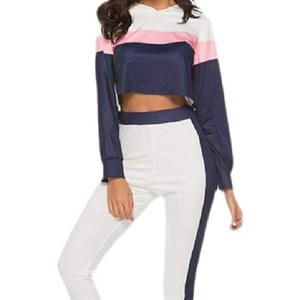 2026 Custom Design Winter Women Crop Top Pant Color <b>Block</b> Tracksuits Patchwork Hoodie & Track Pant Sweatsuit - Product Image 4