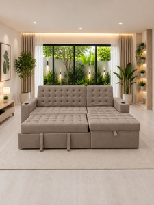 Sofá Cama Moderno de Tela Acolchada, Multifuncional, en Forma de L, con Almacenamiento y Portavasos, para Sala de Estar, Hotel, Villa - Product Image 2
