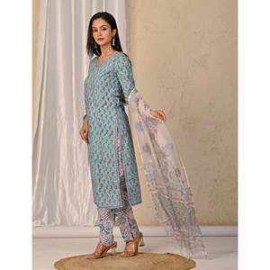 ชุดคุรตะผ้าฝ้ายพิมพ์ลายบล็อกสีเทอร์ควอยซ์ แขนสามส่วน สำหรับใส่ในชีวิตประจำวัน - Product Image 6