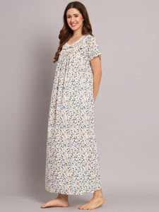 Camisón de Encaje 100% Algodón para Mujer, Mangas Medias, Largo Completo, Tela Transpirable, Cuello con Estampado Floral, Elegante, Primavera, Otoño, Verano - Product Image 4