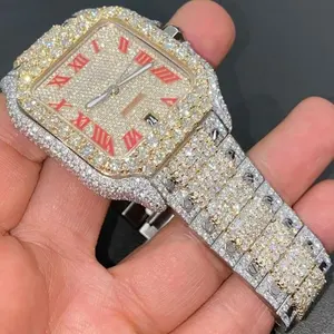 남성 힙합 아이스 아웃 고무 스트랩 손목 시계 고급 천연 다이아몬드 VVS 선명도 및 사용자 정의 디자인