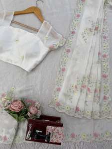 Sari de Chifón de Seda Pesada de Diseño con Intrincado Trabajo de Hilo y Blusa a Juego para Elegancia en Fiestas y Bodas - Product Image 5