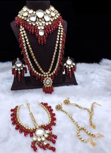 Conjunto de collar chapado en oro para mujer con tachuelas Kundan blancas y cuentas de mármol granate diseño colgante Maang Tikka Haath Phool - Product Image 3