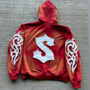 ชุดเซ็ตเสื้อฮู้ดดี้และกางเกงวอร์มขาบานทรงแฟชั่นสไตล์สตรีทแวร์ลำลองสำหรับฤดูหนาว ดีไซน์สั่งทำพิเศษ ผ้าหนา 500gsm แต่งลายปะติดแบบดิสเทรสสำหรับผู้ชาย - Product Image 5