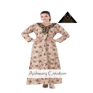 AISHWARY CREATION Modest Women's Cotton Long Sleeve Dress Embroidery Printed Design Breathable Soft Fabric <b>Plus</b> <b>Size</b> Middle - Product Image 2