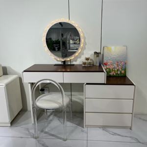 Table de maquillage moderne blanche avec miroir éclairé et tiroirs de rangement pour meubles de chambre - Product Image 1