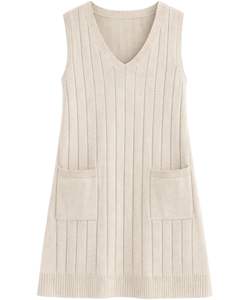 Beige <b>Womens</b> Knitted Sleeveless <b>Vest</b> Dress V Neck Ribbed Pockets Soft Acrylic Winter Casual Custom Manufacturer Wholesale Export - Product Image 1