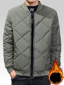 Men's Casual Baseball Collar <b>Zip</b> Quilted Jacket Fall Winter Warm Fleece Thickened Jacket Canvas Fabric - Product Image 3