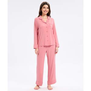 Conjuntos de Pijamas de Mujer en Viscosa de Bambú con Cuello de Solapa, Colores Sólidos, Estampados Geométricos y de Dibujos Animados, Cintura Elástica con Botones para Usar en Casa - Product Image 5